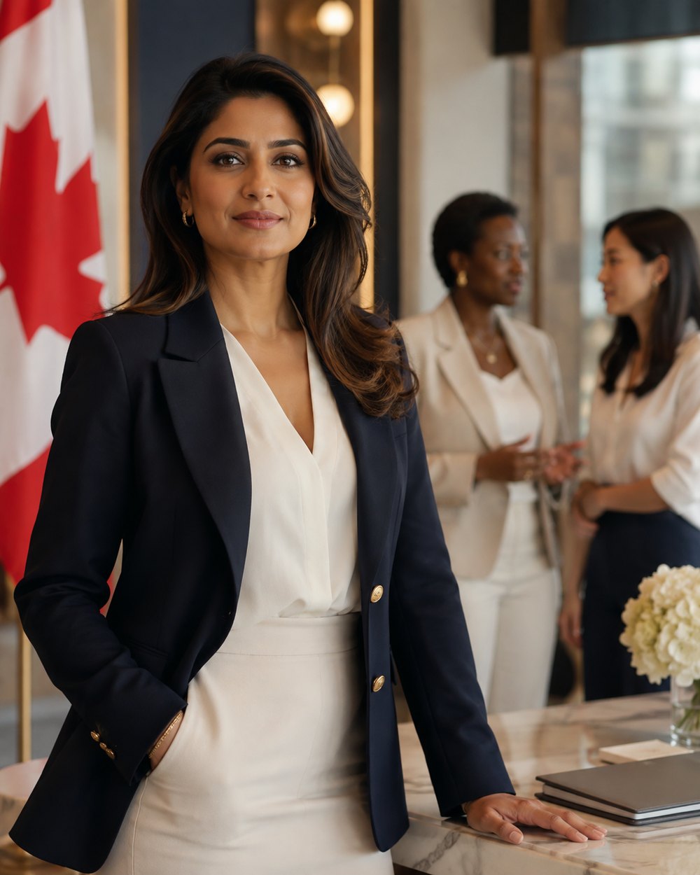 An immigrant woman entrepreneur in her Canadian workplace, the Canadian flag behind her