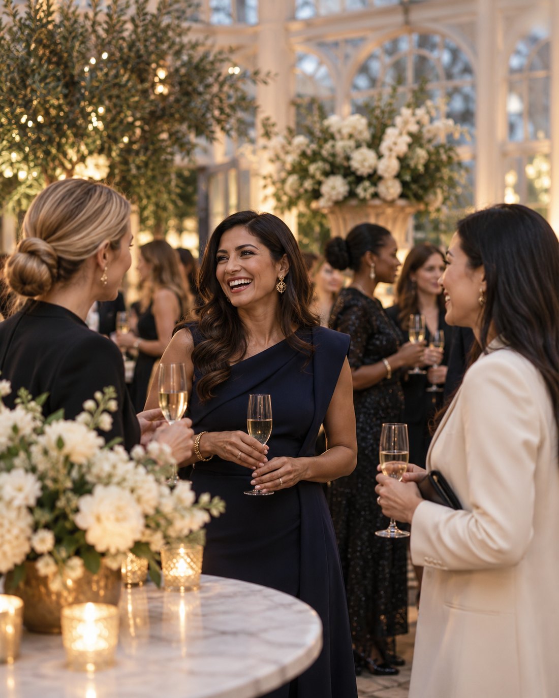 Guests at the reception, champagne in hand, under the Conservatory glass