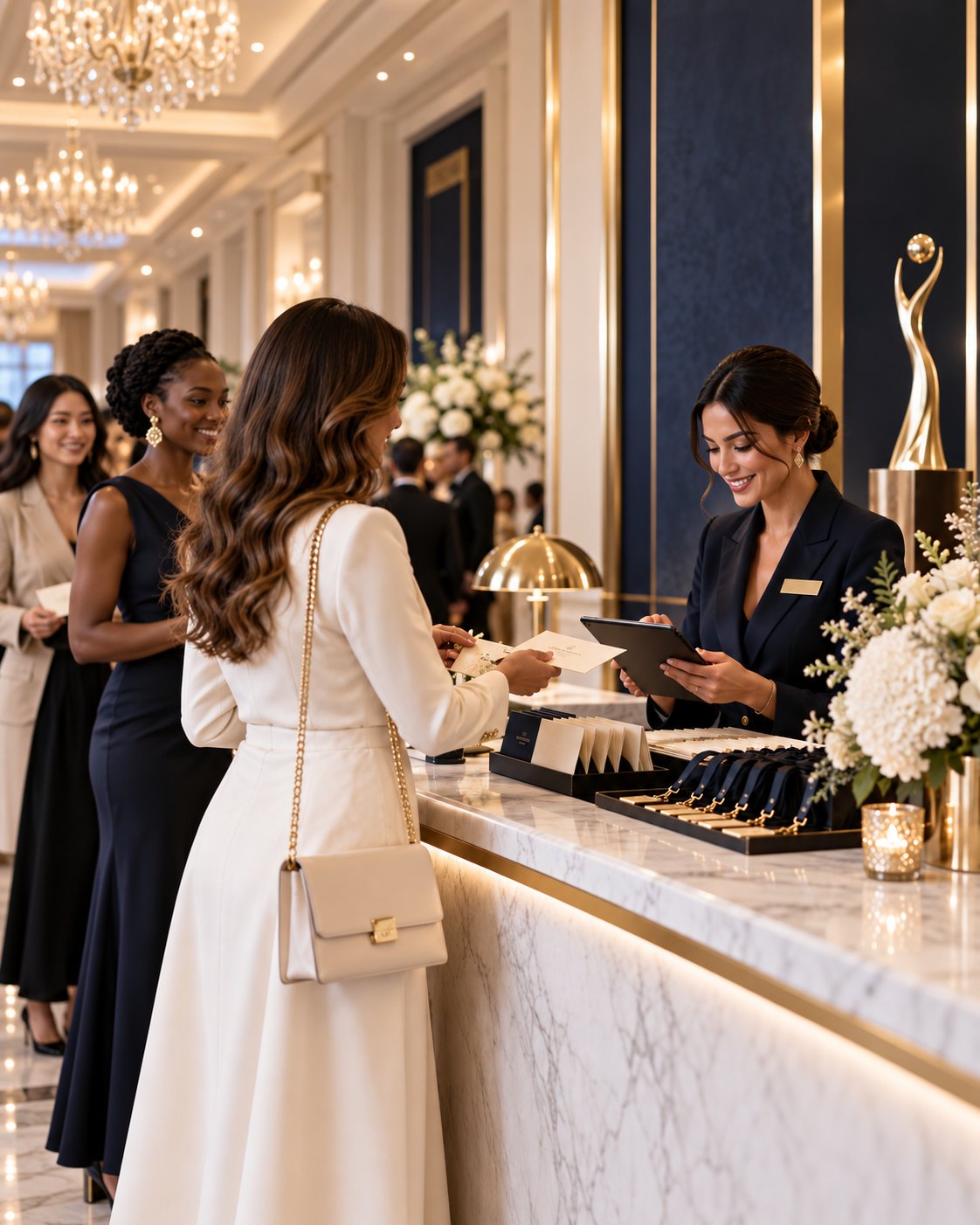 Guests collecting their place cards at the registration desk